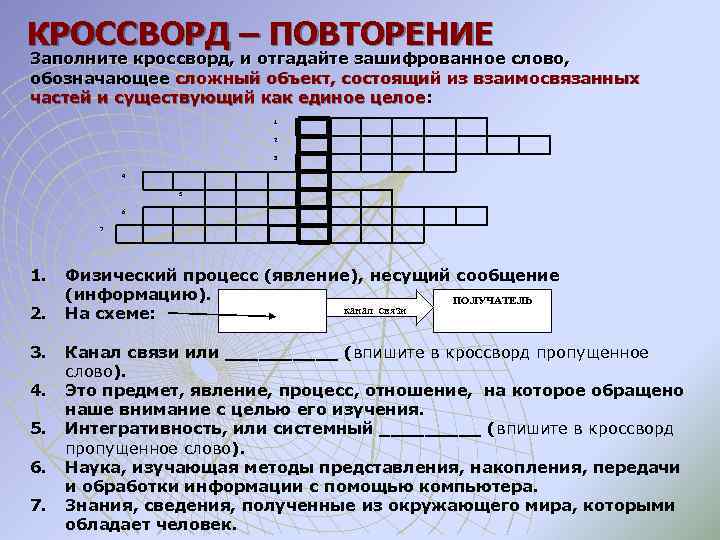 КРОССВОРД – ПОВТОРЕНИЕ Заполните кроссворд, и отгадайте зашифрованное слово, обозначающее сложный объект, состоящий из
