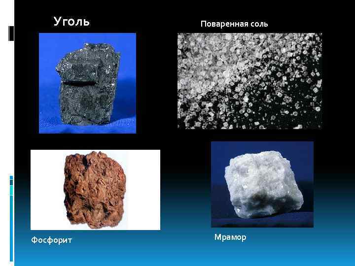 Уголь Фосфорит Поваренная соль Мрамор 