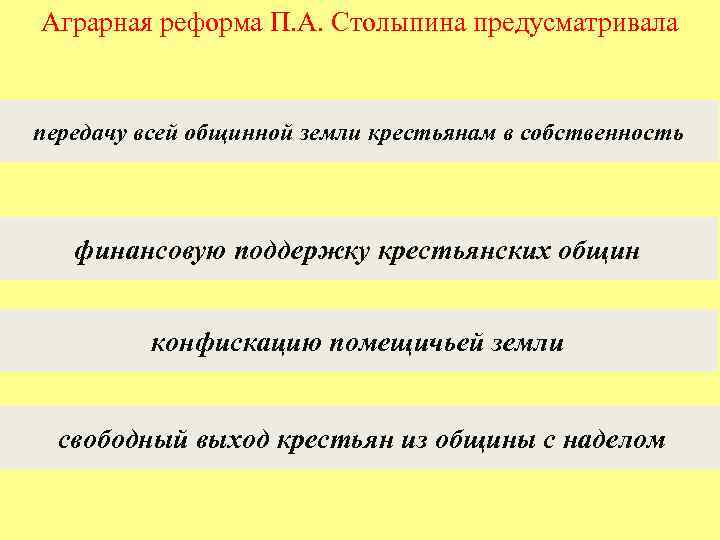 Аграрная реформа П. А. Столыпина предусматривала передачу всей общинной земли крестьянам в собственность финансовую