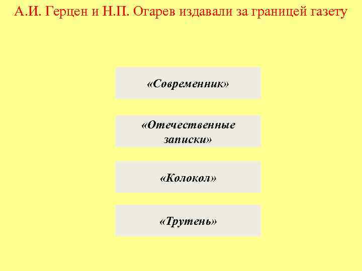 А. И. Герцен и Н. П. Огарев издавали за границей газету «Современник» «Отечественные записки»