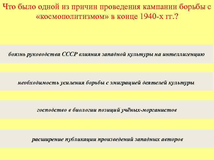 Что было одной из причин проведения кампании борьбы с «космополитизмом» в конце 1940 -х