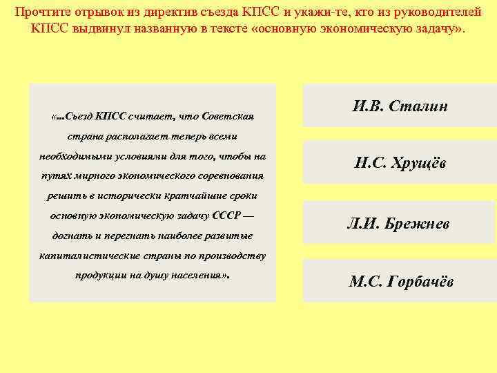 Прочтите отрывок из директив съезда КПСС и укажи-те, кто из руководителей КПСС выдвинул названную