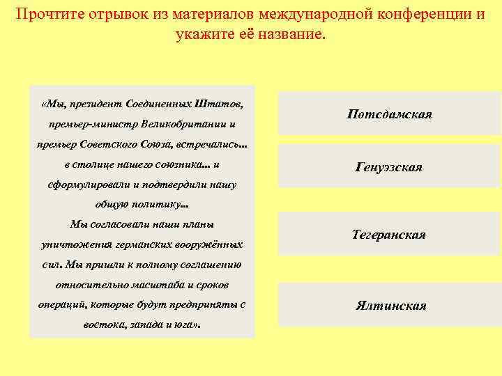 Прочтите отрывок из материалов международной конференции и укажите её название. «Мы, президент Соединенных Штатов,