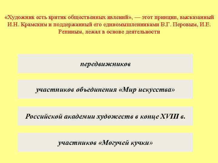  «Художник есть критик общественных явлений» , — этот принцип, высказанный И. Н. Крамским