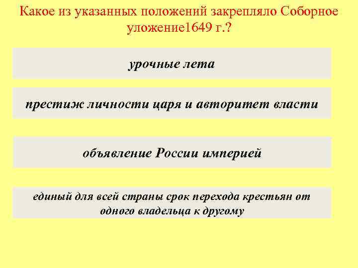 Какое из указанных положений закрепляло Соборное уложение 1649 г. ? урочные лета престиж личности