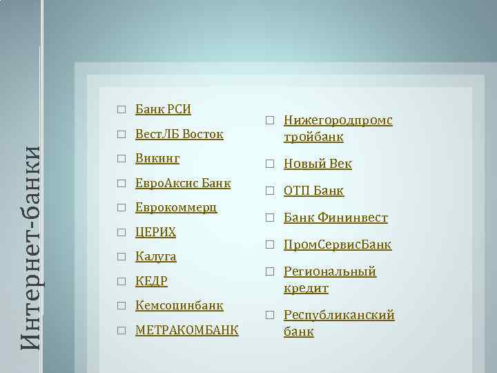 Банк РСИ Интернет-банки Вест. ЛБ Восток Викинг Евро. Аксис Банк Еврокоммерц ЦЕРИХ Калуга КЕДР