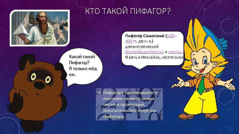 КТО ТАКОЙ ПИФАГОР?  Какой такой Пифагор? Я только мёд ем. ем Пифагор Самосский