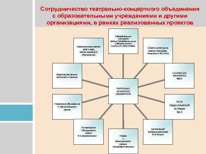 Сотрудничество театрально-концертного объединения с образовательными учреждениями и другими организациями, в рамках реализованных проектов Коррекционные