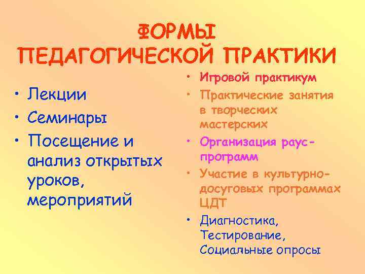 ФОРМЫ ПЕДАГОГИЧЕСКОЙ ПРАКТИКИ • Лекции • Семинары • Посещение и анализ открытых уроков, мероприятий