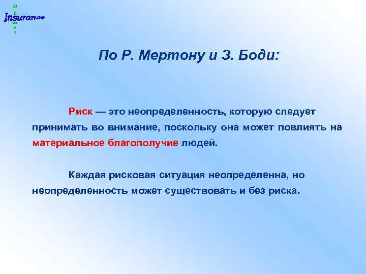 По Р. Мертону и З. Боди: Риск — это неопределенность, которую следует принимать во