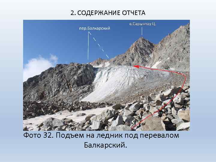 2. СОДЕРЖАНИЕ ОТЧЕТА Фото 32. Подъем на ледник под перевалом Балкарский. 