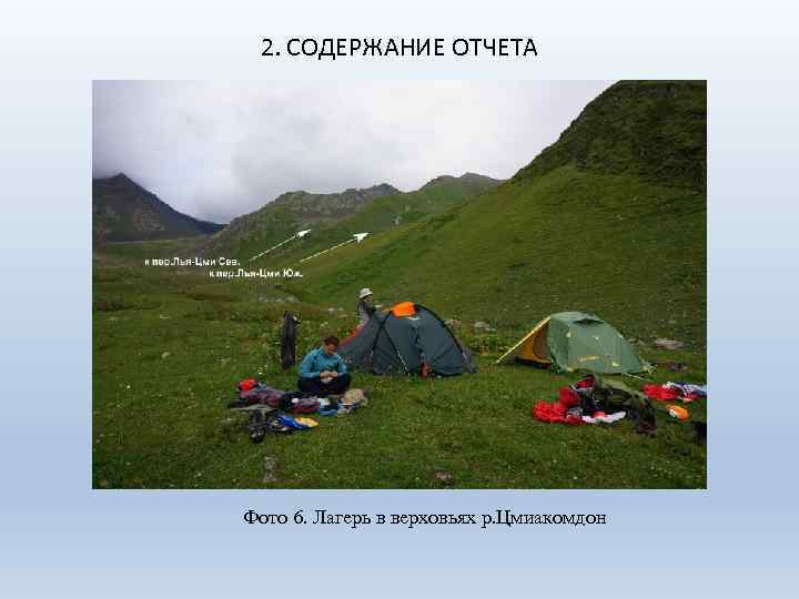 2. СОДЕРЖАНИЕ ОТЧЕТА • ЕЩЕ ФОТОК ДОБАВИТЬ! Фото 6. Лагерь в верховьях р. Цмиакомдон