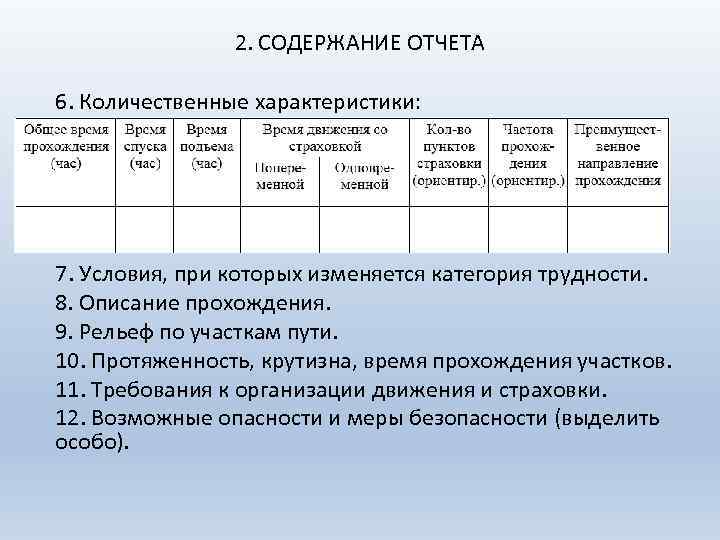 2. СОДЕРЖАНИЕ ОТЧЕТА 6. Количественные характеристики: 7. Условия, при которых изменяется категория трудности. 8.