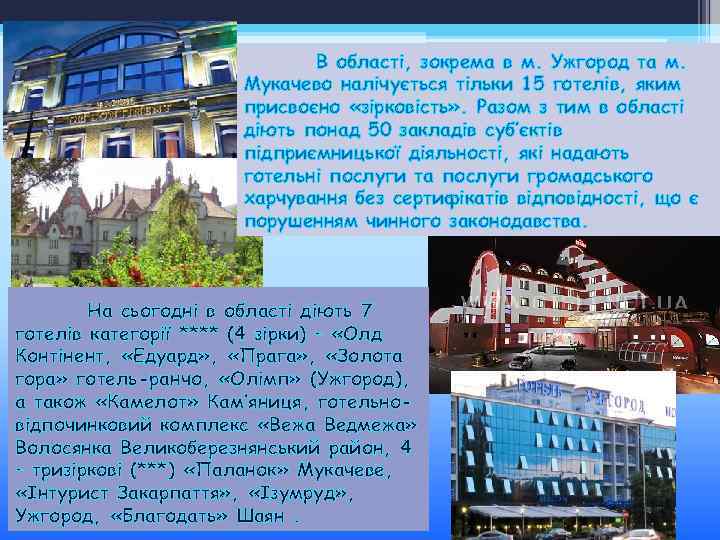 В області, зокрема в м. Ужгород та м. Мукачево налічується тільки 15 готелів, яким