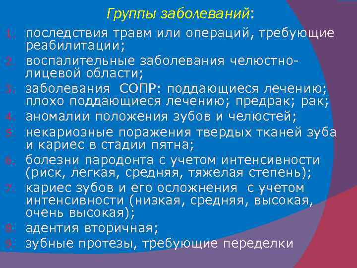 Группы заболеваний: 1. 2. 3. 4. 5. 6. 7. 8. 9. последствия травм или