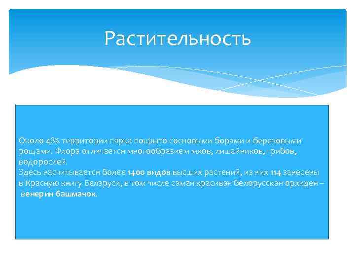 Растительность Около 48% территории парка покрыто сосновыми борами и березовыми рощами. Флора отличается многообразием