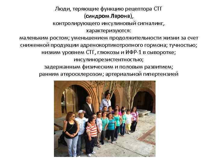 Люди, теряющие функцию рецептора СТГ (синдром Ларона), контролирующего инсулиновый сигналинг, характеризуются: маленьким ростом; уменьшением