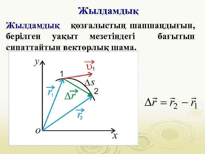 Жылдамдық қозғалыстың шапшаңдығын, берілген уақыт мезетіндегі бағытын сипаттайтын векторлық шама. 