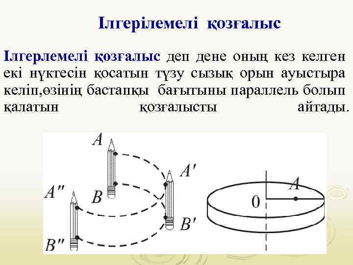 Ілгерілемелі қозғалыс Ілгерлемелі қозғалыс деп дене оның кез келген екі нүктесін қосатын түзу сызық