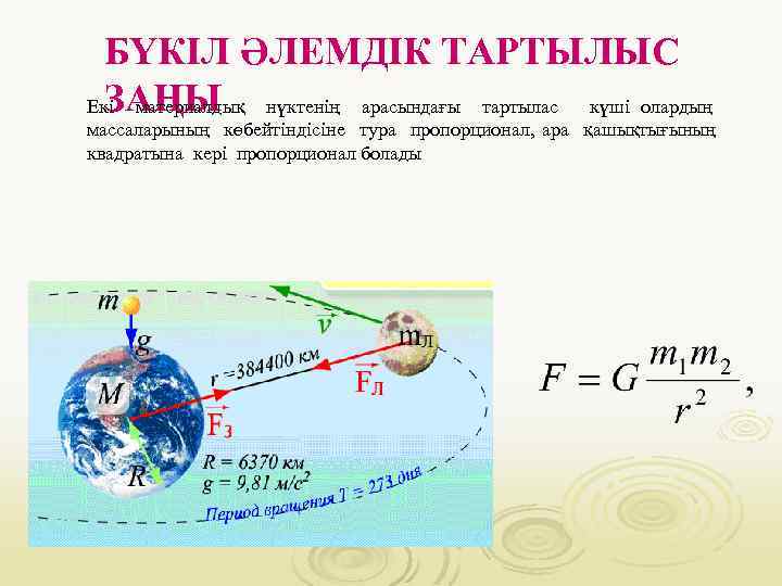 БҮКІЛ ӘЛЕМДІК ТАРТЫЛЫС ЗАҢЫ Екі материалдық нүктенің арасындағы тартылас күші олардың массаларының көбейтіндісіне тура