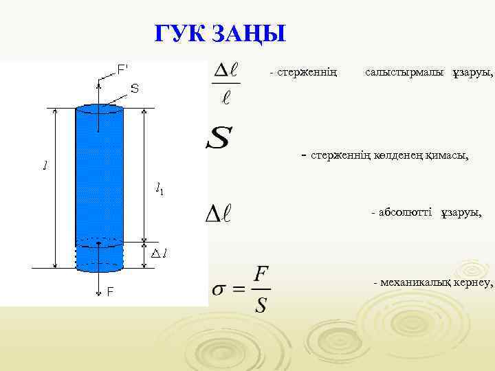 ГУК ЗАҢЫ - стерженнің салыстырмалы ұзаруы, - стерженнің көлденең қимасы, - абсолютті ұзаруы, -