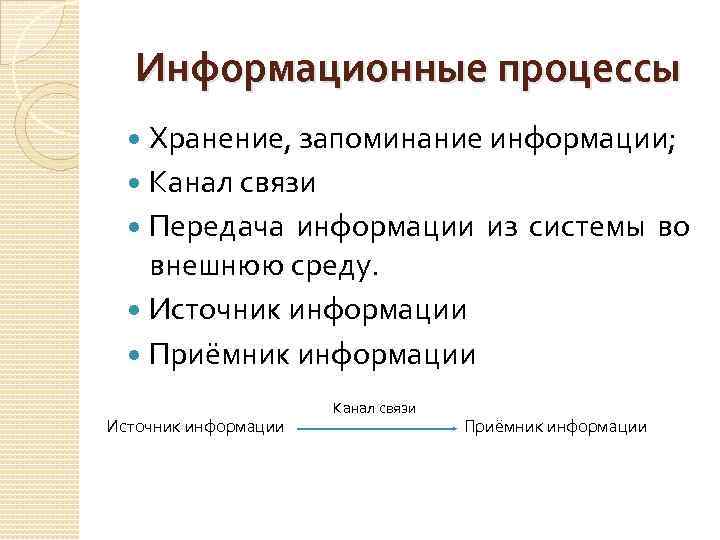 Информационные процессы Хранение, запоминание информации; Канал связи Передача информации из системы во внешнюю среду.