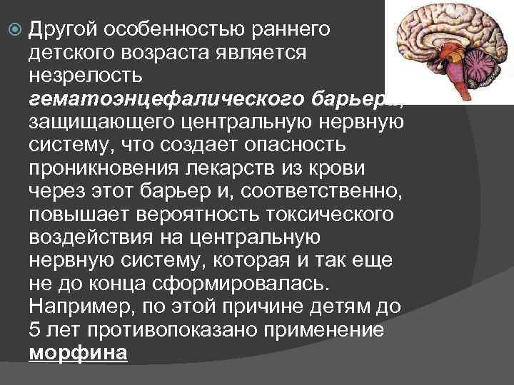  Другой особенностью раннего детского возраста является незрелость гематоэнцефалического барьера, защищающего центральную нервную систему,