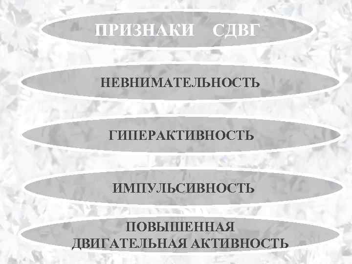 ПРИЗНАКИ СДВГ НЕВНИМАТЕЛЬНОСТЬ ГИПЕРАКТИВНОСТЬ ИМПУЛЬСИВНОСТЬ ПОВЫШЕННАЯ ДВИГАТЕЛЬНАЯ АКТИВНОСТЬ 