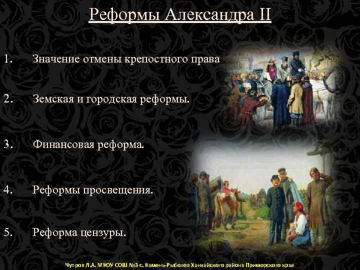 Реформы Александра II 1. Значение отмены крепостного права 2. Земская и городская реформы. 3.