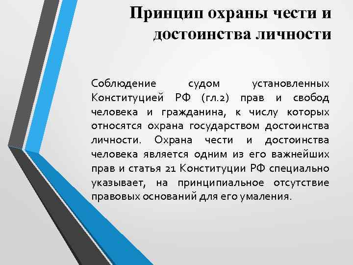 Принцип охраны чести и достоинства личности Соблюдение судом установленных Конституцией РФ (гл. 2) прав