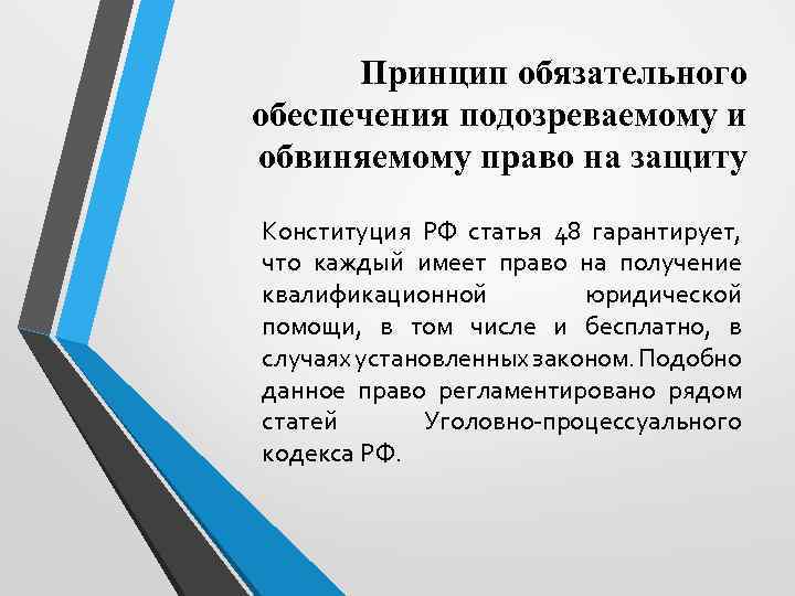 Принцип обязательного обеспечения подозреваемому и обвиняемому право на защиту Конституция РФ статья 48 гарантирует,