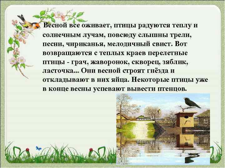  Весной все оживает, птицы радуются теплу и солнечным лучам, повсюду слышны трели, песни,