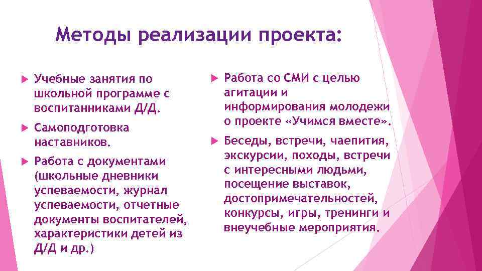 Методы реализации проекта: Учебные занятия по школьной программе с воспитанниками Д/Д. Самоподготовка наставников. Работа