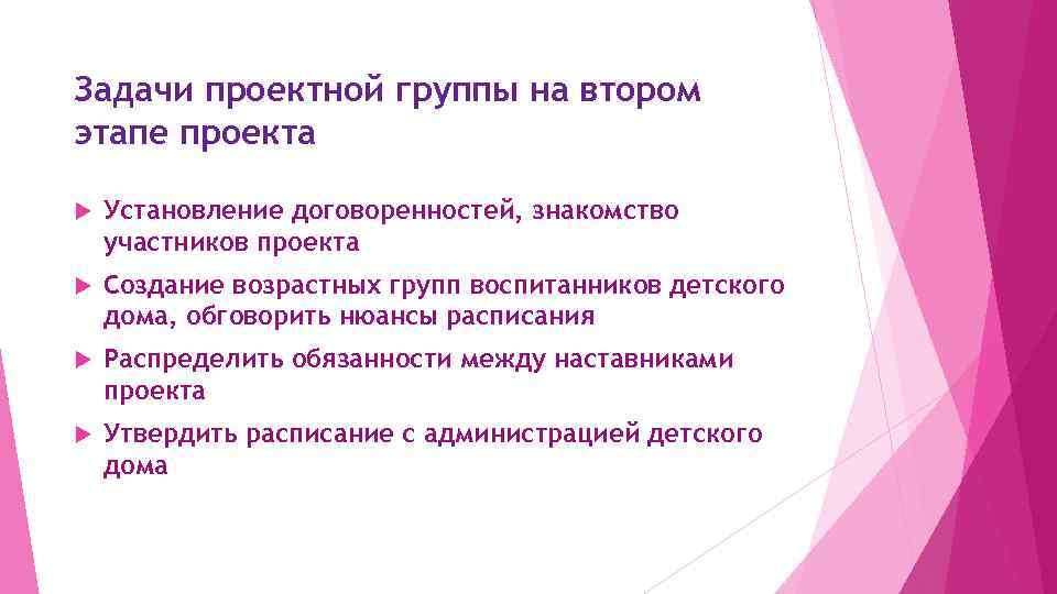 Задачи проектной группы на втором этапе проекта Установление договоренностей, знакомство участников проекта Создание возрастных
