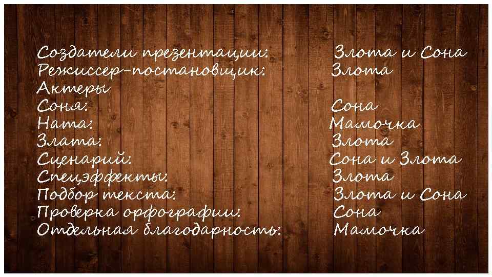 Создатели презентации: Режиссер-постановщик: Актеры Соня: Ната: Злата: Сценарий: Спецэффекты: Подбор текста: Проверка орфографии: Отдельная