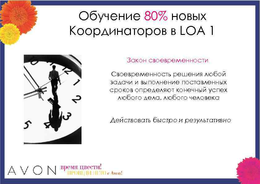 Обучение 80% новых Координаторов в LOA 1 Закон своевременности Своевременность решения любой задачи и