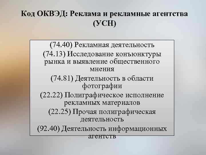 Код ОКВЭД: Реклама и рекламные агентства (УСН) (74. 40) Рекламная деятельность (74. 13) Исследование