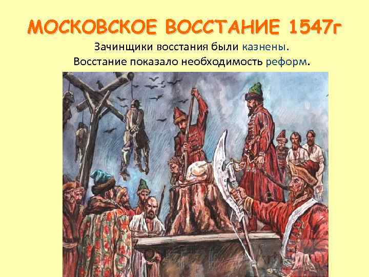 МОСКОВСКОЕ ВОССТАНИЕ 1547 г Зачинщики восстания были казнены. Восстание показало необходимость реформ. 