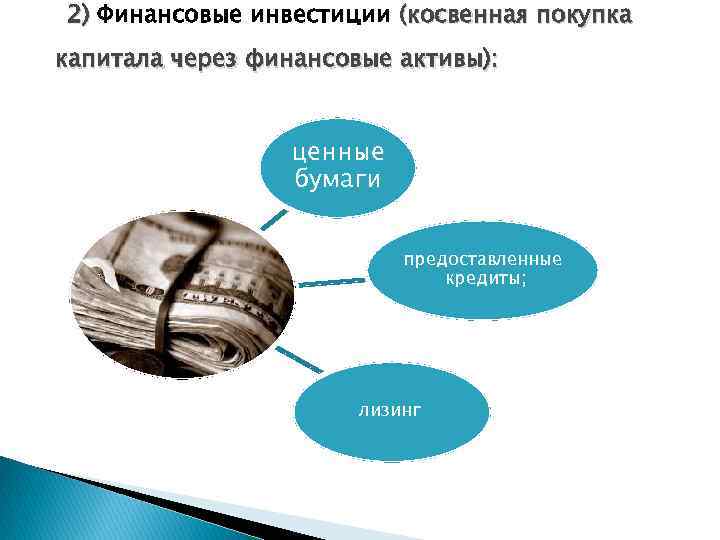 2) Финансовые инвестиции (косвенная покупка капитала через финансовые активы): ценные бумаги предоставленные кредиты; лизинг