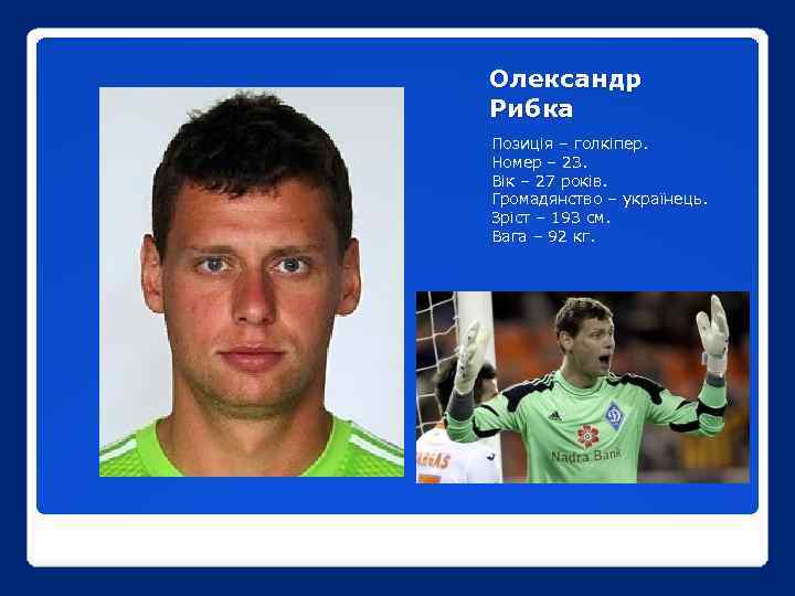 Олександр Рибка Позиція – голкіпер. Номер – 23. Вік – 27 років. Громадянство –