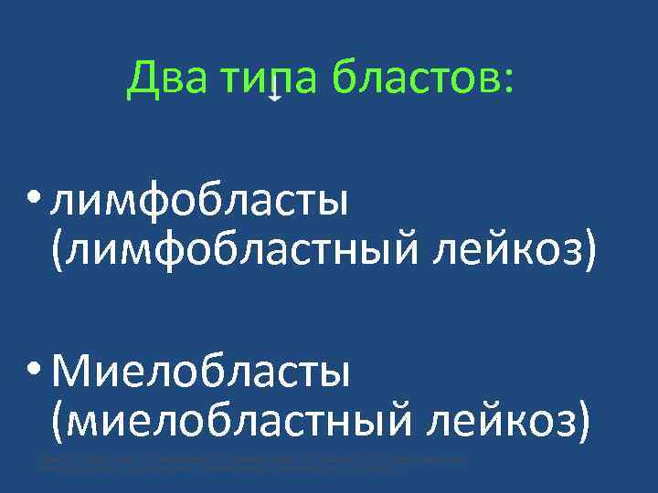 Два типа бластов: • лимфобласты (лимфобластный лейкоз) • Миелобласты (миелобластный лейкоз) 