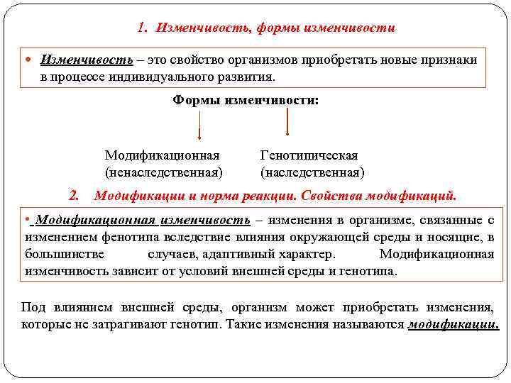 1. Изменчивость, формы изменчивости Изменчивость – это свойство организмов приобретать новые признаки в процессе