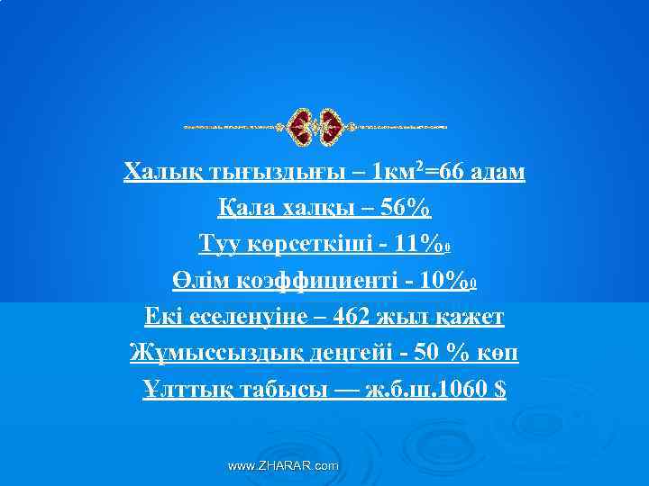 Халық тығыздығы – 1 км 2=66 адам Қала халқы – 56% Туу көрсеткіші -