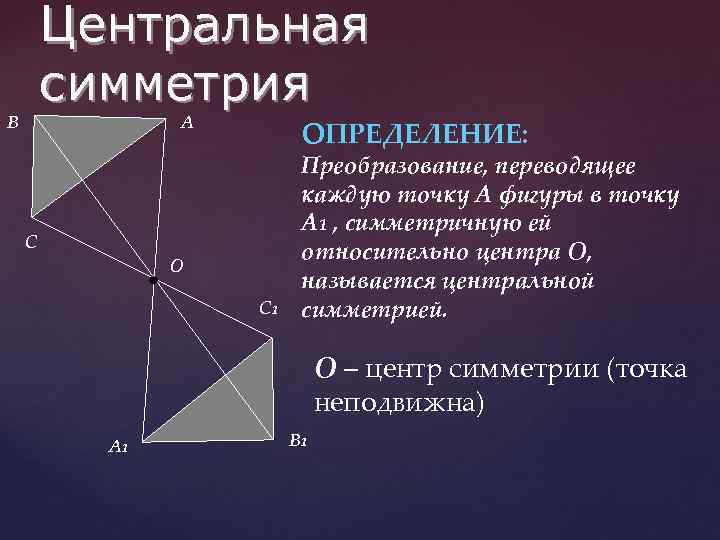 Центральная симметрия B А C ОПРЕДЕЛЕНИЕ: О C 1 Преобразование, переводящее каждую точку А