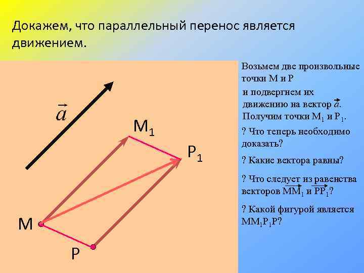 Докажем, что параллельный перенос является движением. Возьмем две произвольные точки М и Р и