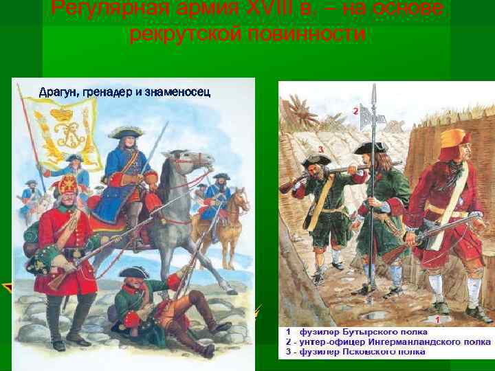 Регулярная армия XVIII в. – на основе рекрутской повинности Драгун, гренадер и знаменосец 