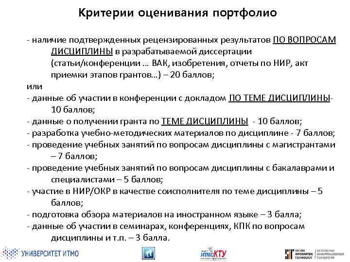 Критерии оценивания портфолио - наличие подтвержденных рецензированных результатов ПО ВОПРОСАМ ДИСЦИПЛИНЫ в разрабатываемой диссертации