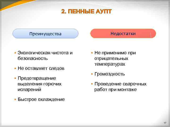 2. ПЕННЫЕ АУПТ Недостатки Преимущества § Экологическая чистота и безопасность § Не оставляет следов