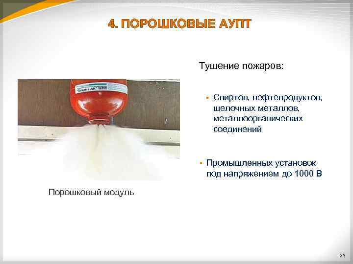 4. ПОРОШКОВЫЕ АУПТ Тушение пожаров: § § Спиртов, нефтепродуктов, щелочных металлов, металлоорганических соединений Промышленных