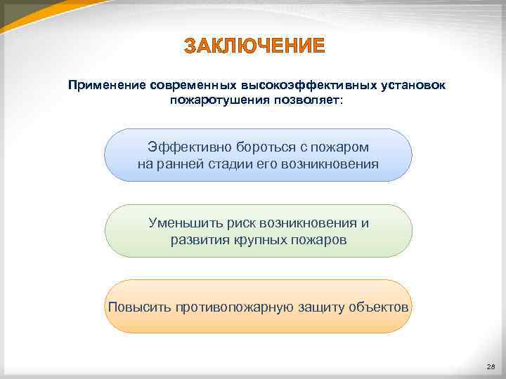 ЗАКЛЮЧЕНИЕ Применение современных высокоэффективных установок пожаротушения позволяет: Эффективно бороться с пожаром на ранней стадии